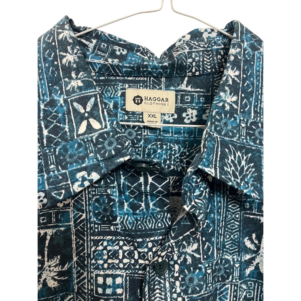 Haggar Clothing Co Mens XXL Short Sleeve Button Up Aloha Hawaiian Shirt Aqua Tea - Picture 2 of 4
